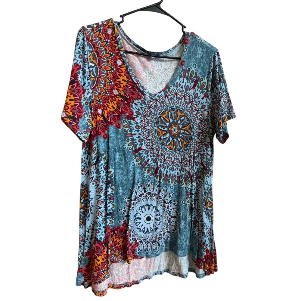 Boho Mandala Print V-Neck Tunic Top Blue Orange XL Short Sleeve High-Low Hem